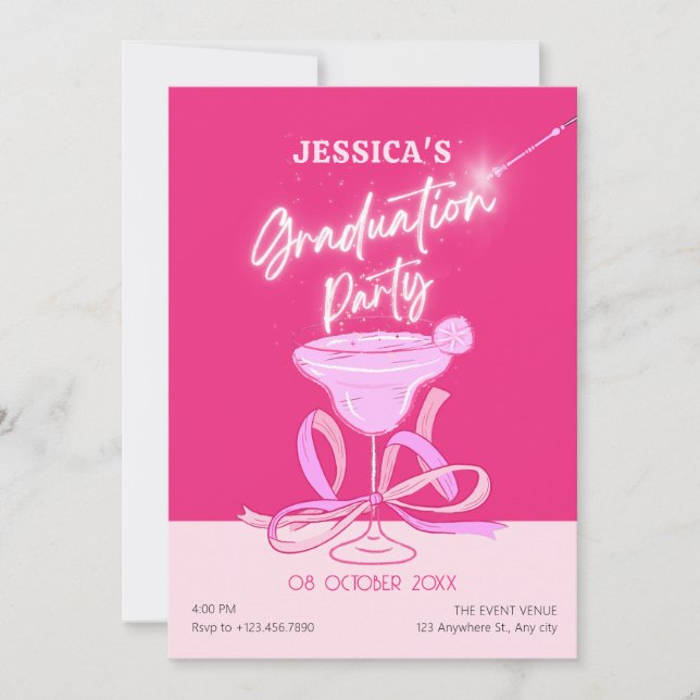Pink cute sparkle bow cocktail graduation invitation (Front)