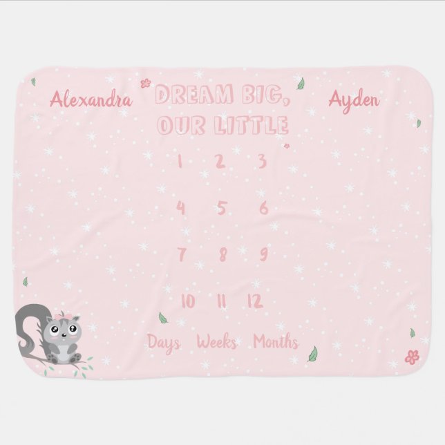 Pink cute squirrel twin girls milestone baby blanket (Horizontal)
