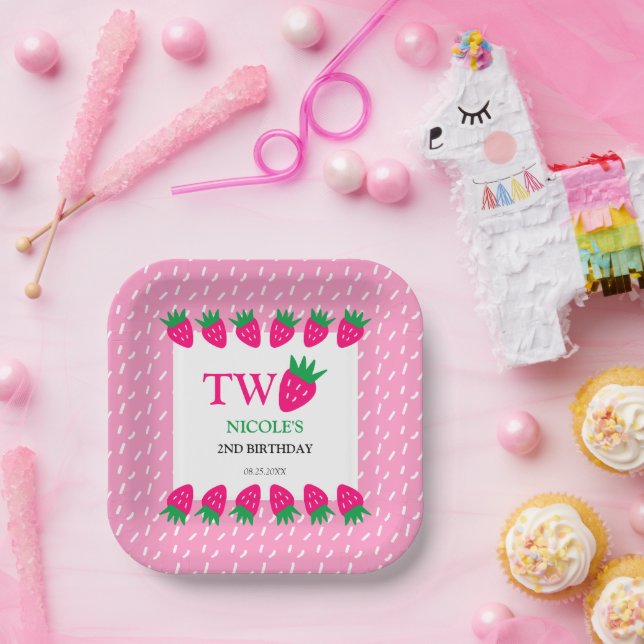 Pink Cute Strawberry Berry Sweet 2nd Birthday Paper Plates (Party)