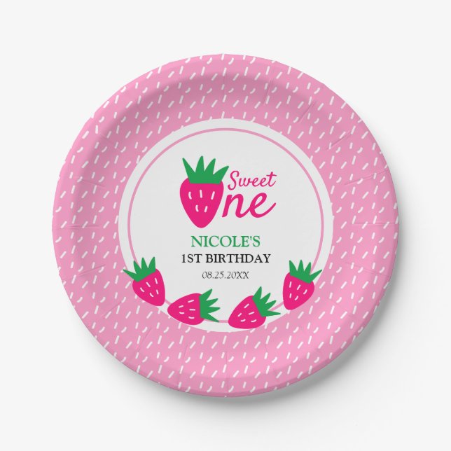 Pink Cute Strawberry Girl 1st Birthday Paper Plates (Front)