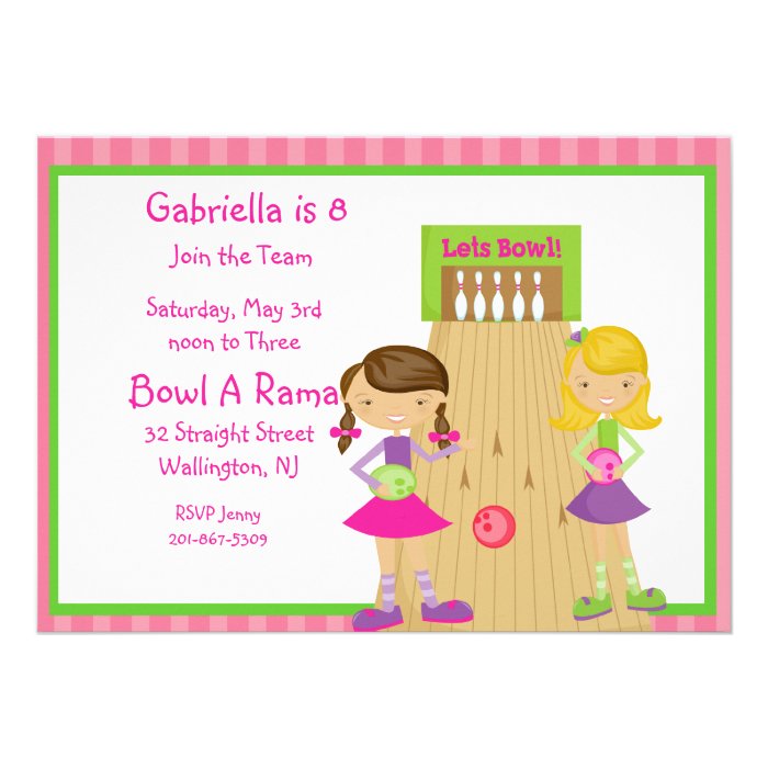 Pink, Cute,Striped Girl Bowling Party Invitation