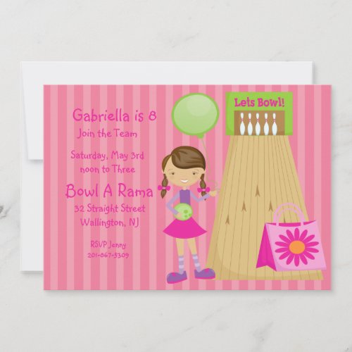 Pink CuteStriped Girl Bowling Party Invitation