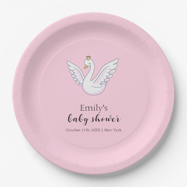 Pink Cute Sweet Princess Swan Baby Shower Welcome  Paper Plates (Front)