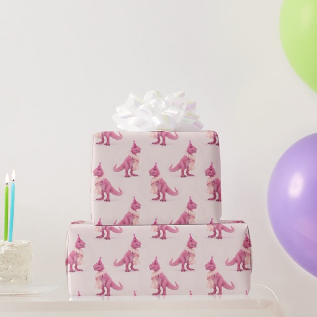 Pink cute t-rex dinasour with boa and party hat wrapping paper (Party Gifts)