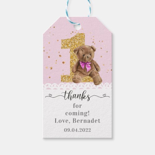 Pink Cute Teddy Bear 1st Birthday  Gift Tags