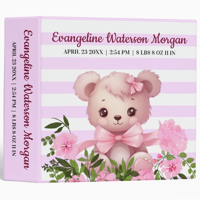 Pink Cute Teddy Bear & Flowers Photo Album 3 Ring Binder (Front/Spine)