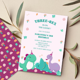Pink Cute three-rex 3rd dinosaur birthday Invitation