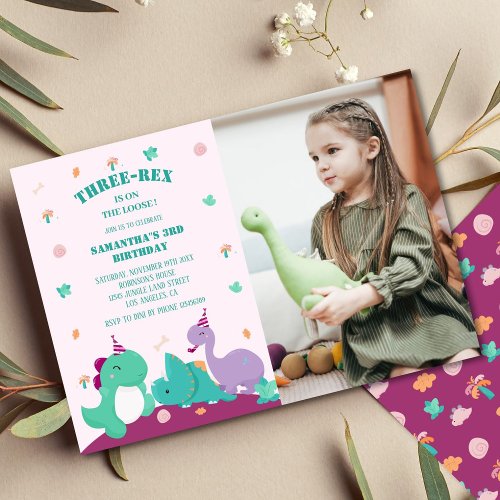 Pink Cute three_rex 3rd dinosaur birthday Photo Invitation