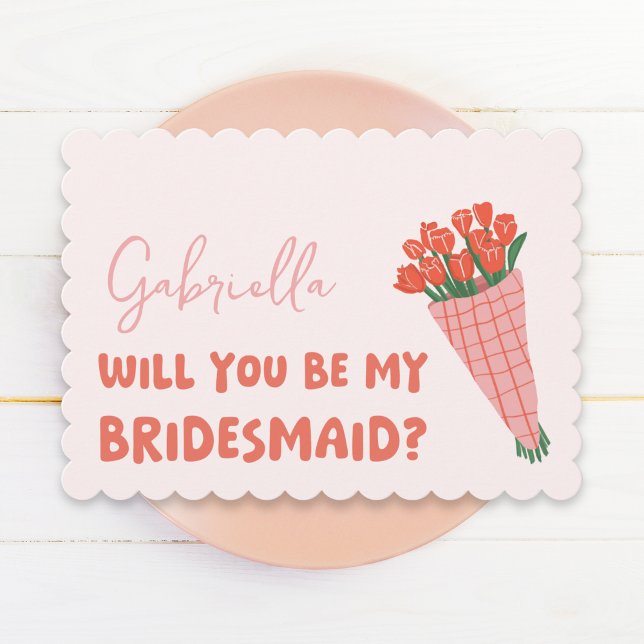 Pink Cute Tulip Will You Be My Bridesmaid Proposal Card ( Delightfully sweet scalloped-edge card with a tulip bouquet, perfect for your bridesmaid proposal.)