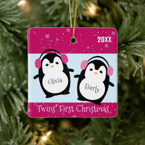 Pink Cute Twins First Christmas Penguins Ceramic Ornament