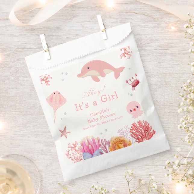 Pink Cute Under The Sea Dolphin Girl Baby Shower  Favor Bag (Clipped)