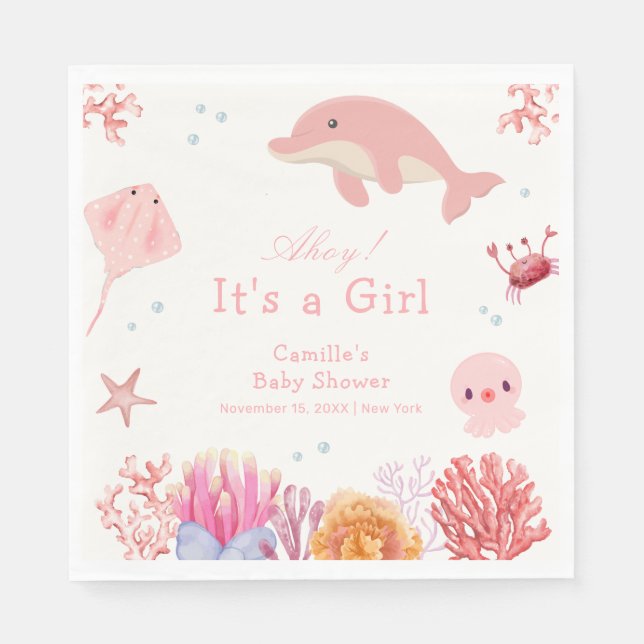 Pink Cute Under The Sea Dolphin Girl Baby Shower  Napkins (Front)