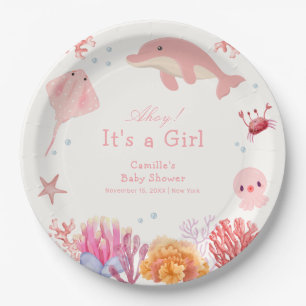 Pink Cute Under The Sea Dolphin Girl Baby Shower Paper Plates