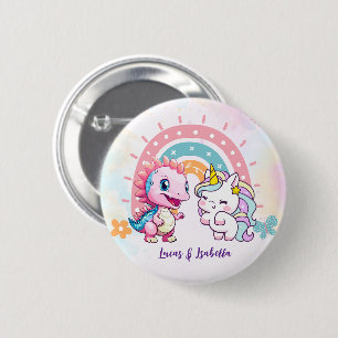 Pink Cute Unicorn dinosaurs rainbow Birthday party Button