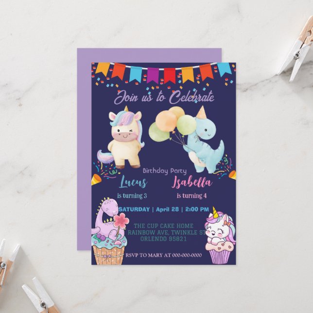 Pink Cute Unicorn dinosaurs rainbow Birthday party Invitation (Front/Back In Situ)
