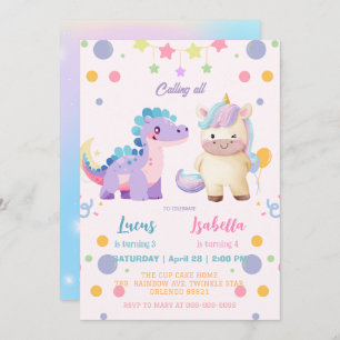 Pink Cute Unicorn dinosaurs rainbow Birthday party Invitation