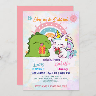 Pink Cute Unicorn dinosaurs rainbow Birthday party Invitation