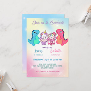 Pink Cute Unicorn dinosaurs rainbow Birthday party Invitation