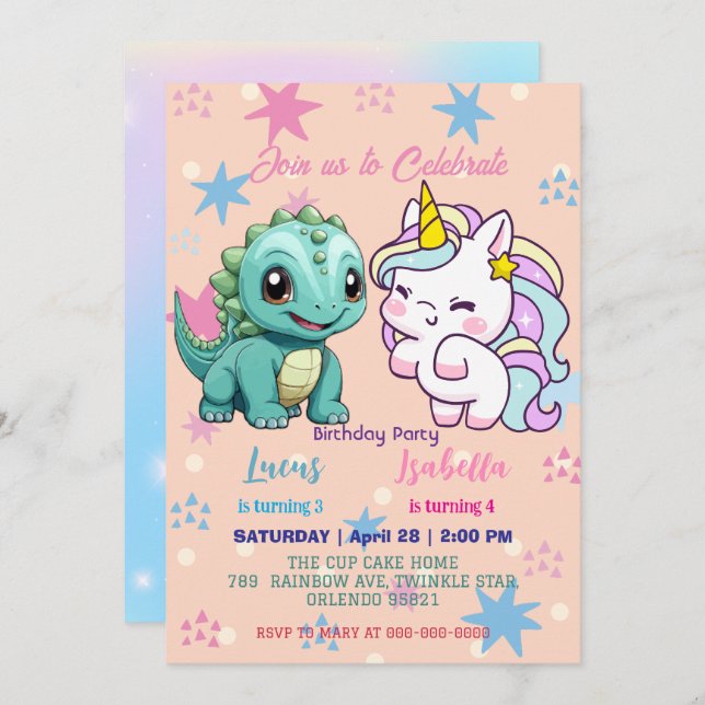 Pink Cute Unicorn dinosaurs rainbow Birthday party Invitation (Front/Back)
