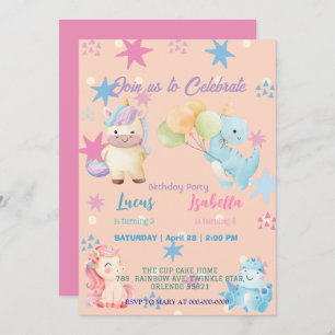 Pink Cute Unicorn dinosaurs rainbow Birthday party Invitation