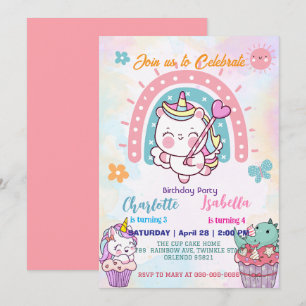 Pink Cute Unicorn dinosaurs rainbow Birthday party Invitation