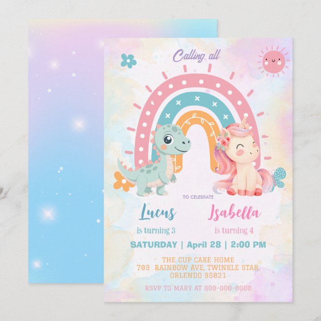 Pink Cute Unicorn dinosaurs rainbow Birthday party Invitation (Front/Back)