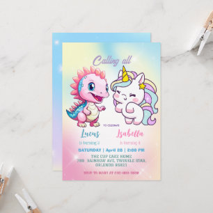Pink Cute Unicorn dinosaurs rainbow Birthday party Invitation