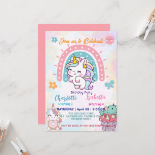 Pink Cute Unicorn dinosaurs rainbow Birthday party Invitation