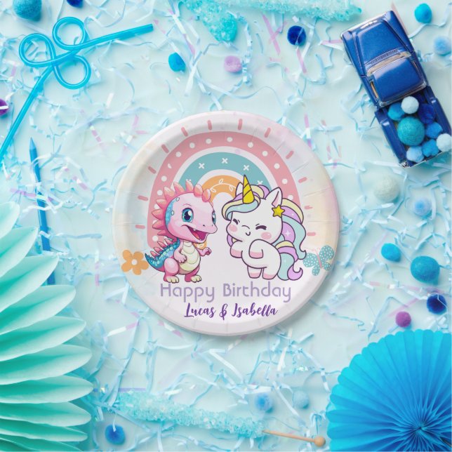 Pink Cute Unicorn dinosaurs rainbow Birthday party Paper Plates (Party)