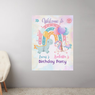 Pink Cute Unicorn dinosaurs rainbow Birthday party Wall Decal