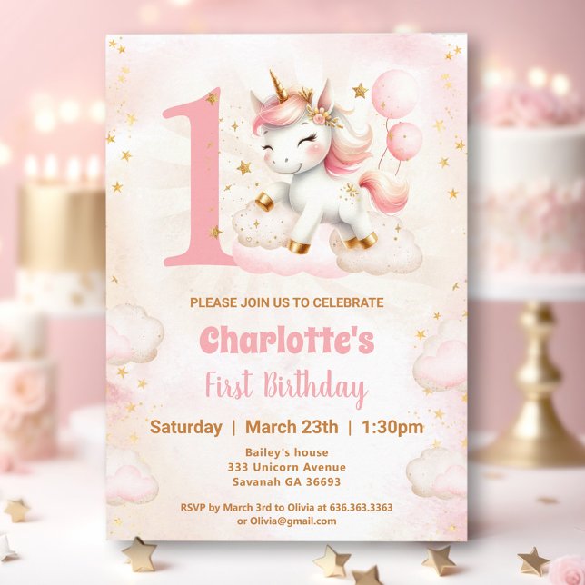 Pink Cute Unicorn Girl 1st Birthday Invitation (Pink Cute Unicorn Girl 1st Birthday Invitation)