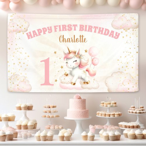Pink Cute Unicorn Girl 1st Birthday Party Banner