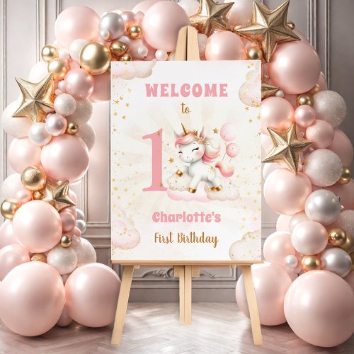 Pink Cute Unicorn Girl 1st Birthday Welcome Foam Board