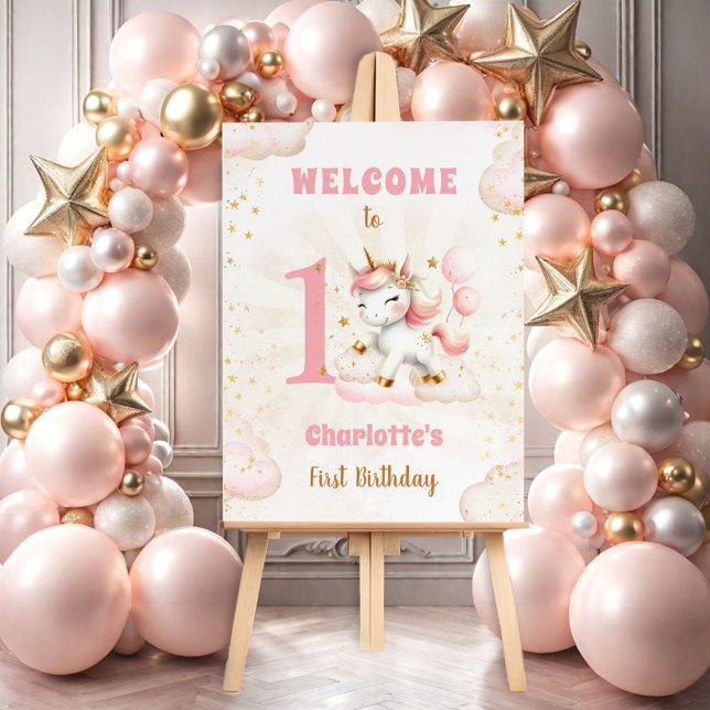 Pink Cute Unicorn Girl 1st Birthday Welcome Foam Board (Pink Cute Unicorn Girl 1st Birthday Welcome Sign Foam Board)