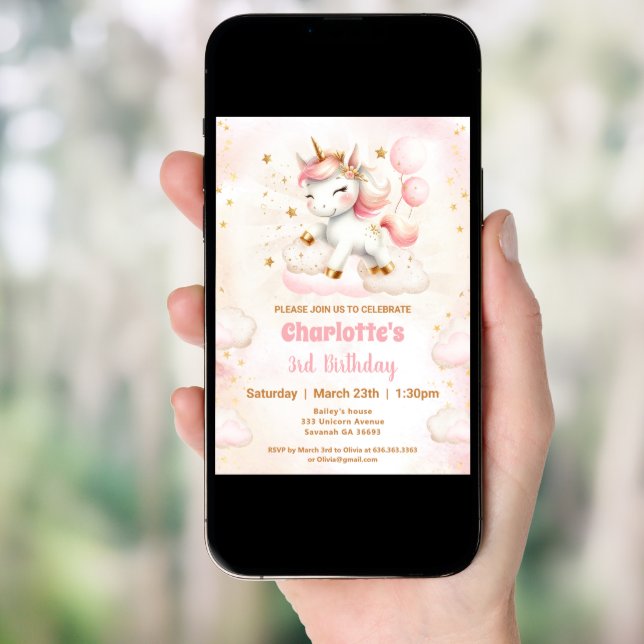 Pink Cute Unicorn Girl Birthday Invitation (Front Digital)