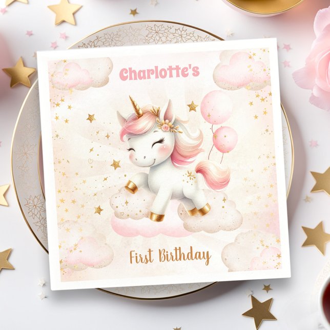 Pink Cute Unicorn Girl Birthday Paper Napkins (Pink Cute Unicorn Girl Birthday Paper Napkins)