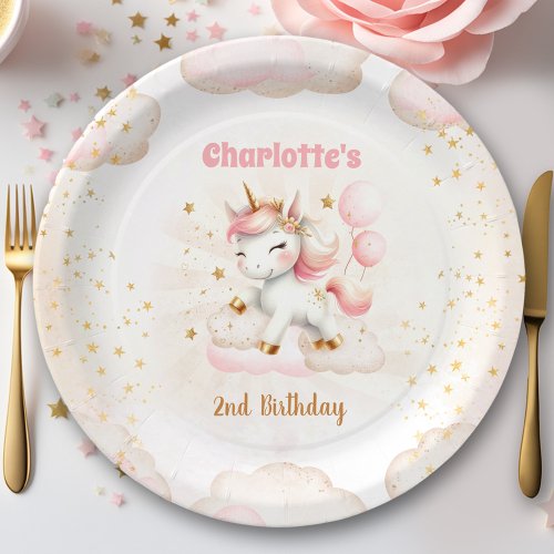 Pink Cute Unicorn Girl Birthday Paper Plates