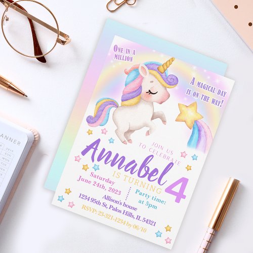 Pink cute unicorn rainbow invitation Birthday card