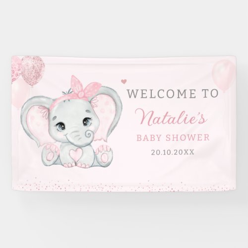 Pink Cute Watercolor Elephant Girl Baby Shower  Banner