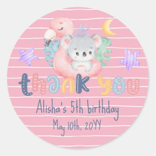 Pink Cute Watercolor Koala Birthday Thank you Classic Round Sticker