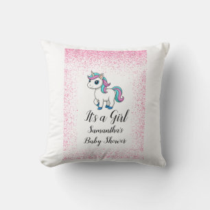 Pink cute watercolor unicorn baby shower Throw Pillow