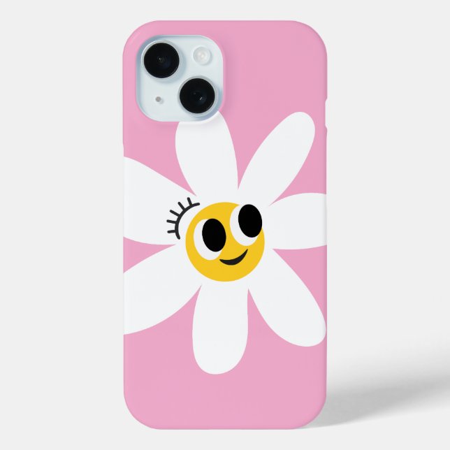 Pink Cute White Daisy IPhone 15 Case (Back)