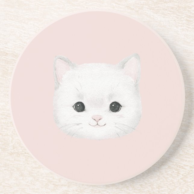 Pink Cute White Kitty Cat Face Coaster (Front)