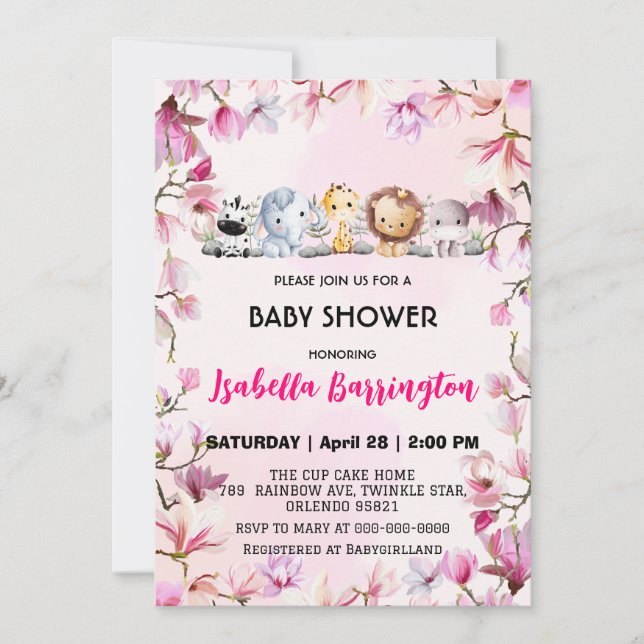 Pink Cute wild cub safari flower baby shower kids Invitation (Front)