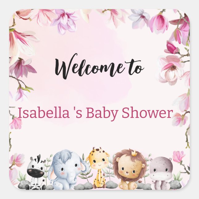 Pink Cute wild cub safari flower baby shower kids Square Sticker (Front)