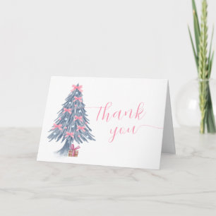 Pink Cute Winter Bow Christmas Tree Baby Shower Letterpress Thank You Card