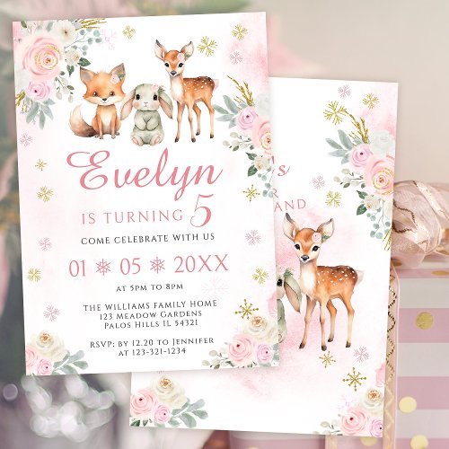 Pink cute winter woodland birthday girl invitation