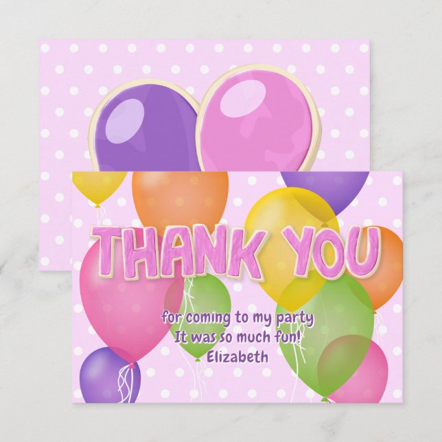 pink cutout cookies balloons birthday thank you card (Front/Back)