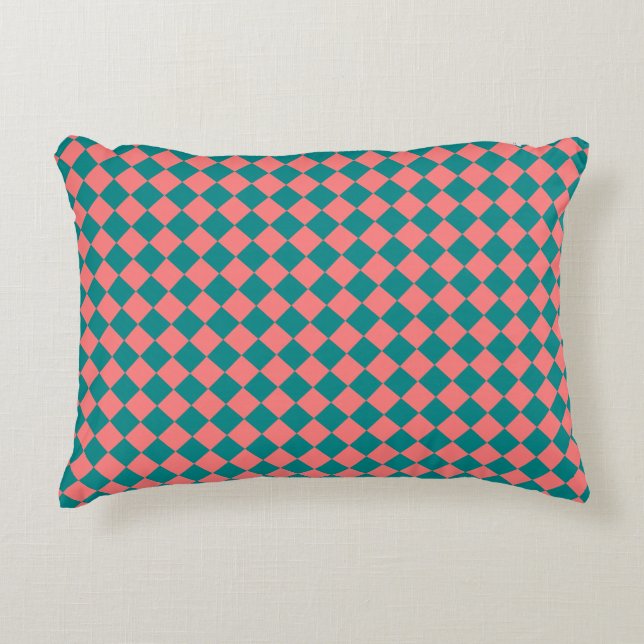 Pink Cyan Checker Diamond Pattern Accent Pillow (Front)