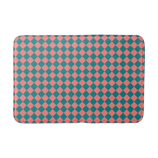 Pink Cyan Checker Diamond Pattern Bath Mat (Front)